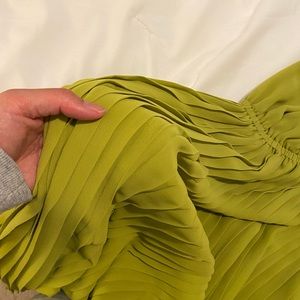 Chartreuse green midi strapless pleated dress